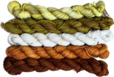 Koperdraadje merino sok HT set van 5 mini's Set 1 "Warm groen/terra" Koperdraadje merino sok HT set van 5 mini's Set 1 "Warm groen/terra"