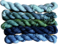 Koperdraadje merino sok HT set van 5 mini's Set 6 "Blauw/groen" Koperdraadje merino sok HT set van 5 mini's Set 6 "Blauw/groen"